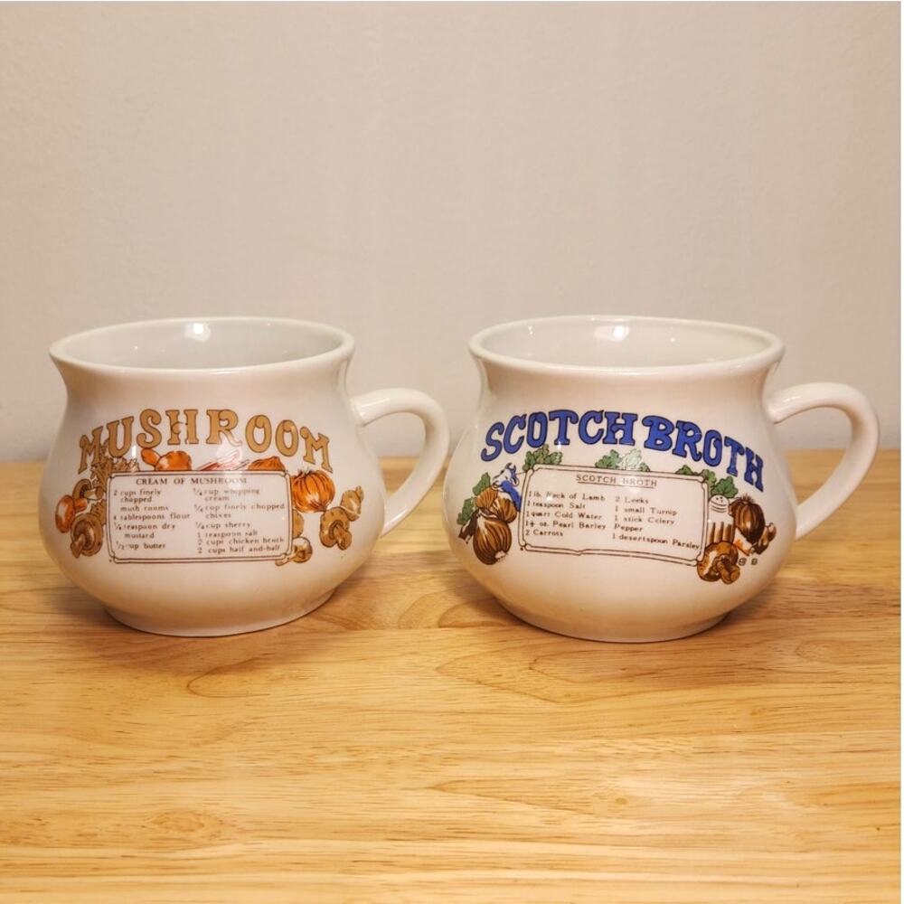 Pair of Vintage Retro Ceramic Recipe Soup Mugs Crock Cups with Handle